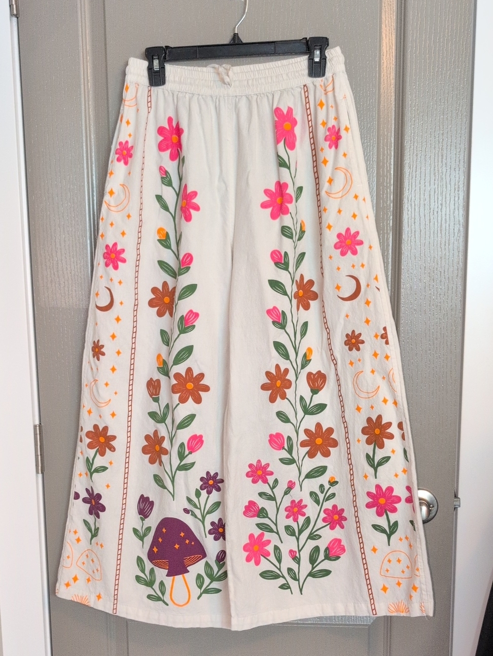 Floral Embroidered Wide Leg Pants in Cream with Hot Pink & Orange Accents